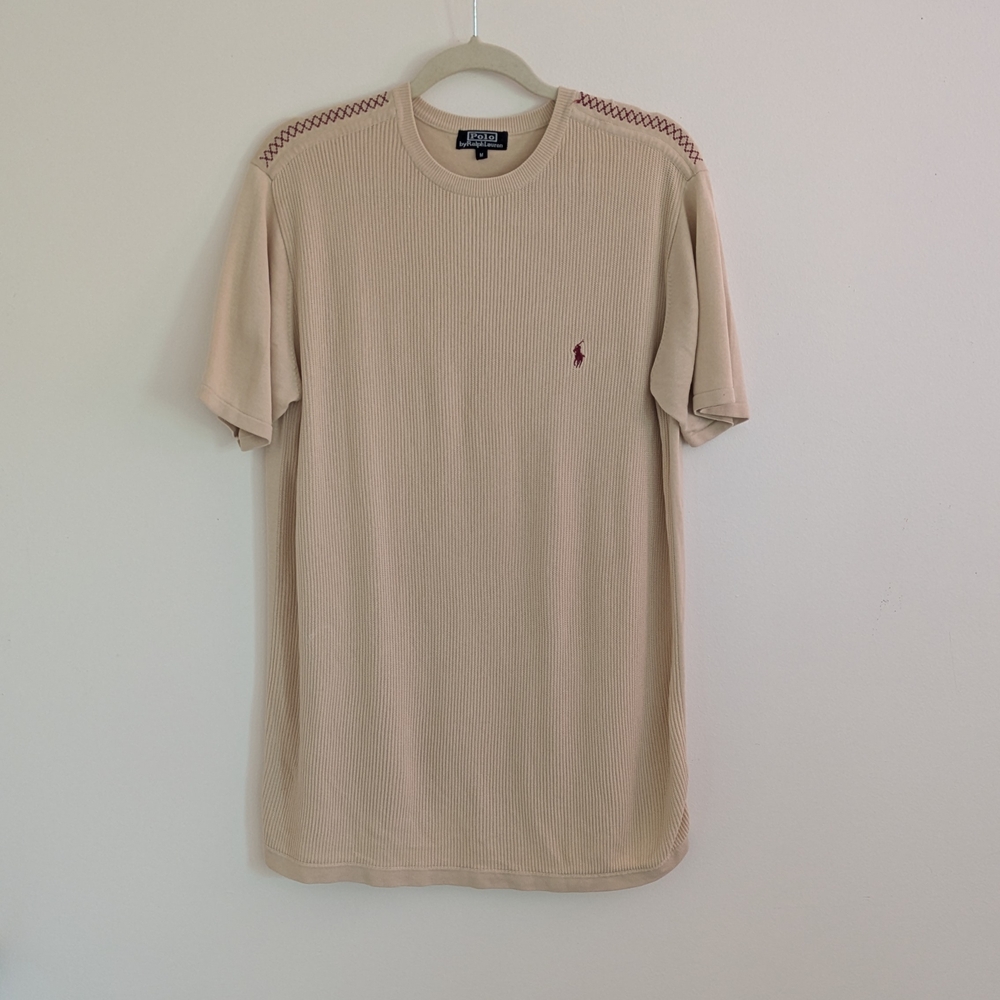 Vintage MENS Polo by Ralph Lauren Beige Red Stitch T-Shirt